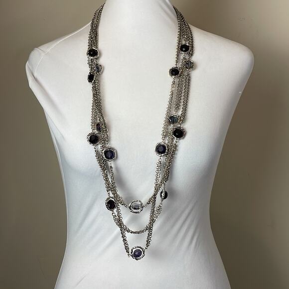 Chico's Long Iridescent Purple Cut Glass Faceted Three Strand Necklace - Picture 1 of 9